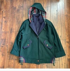 Vintage Dillard's Preston & York Hooded Coat Green Plaid 100% Merino Wool Size 4